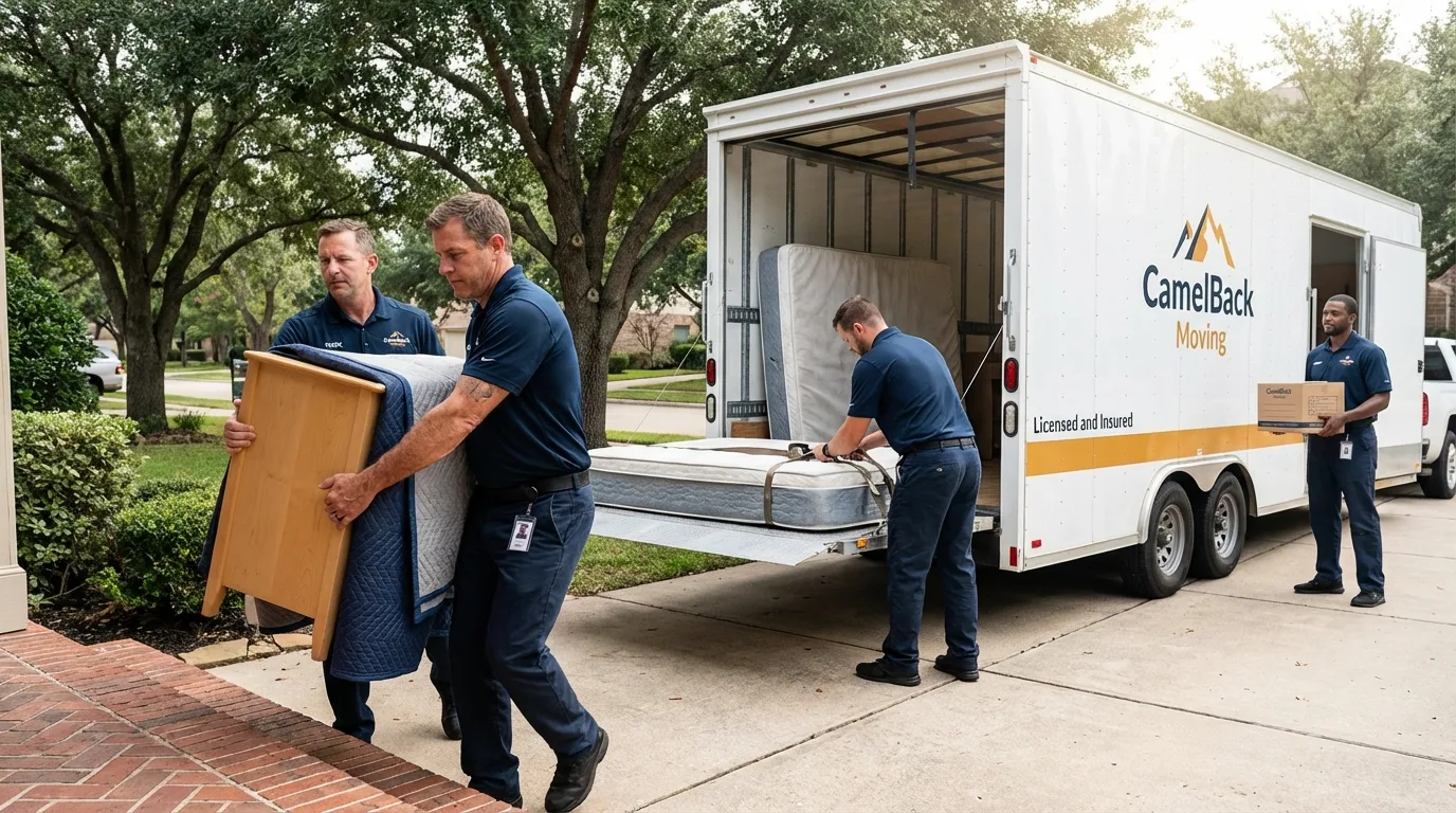 Crew loading residential truck for cross-state move from North Eastham, MA