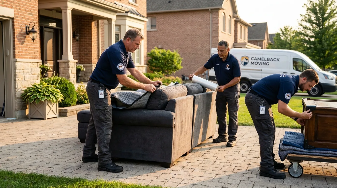 Large estate moving crew wrapping furniture in North Eastham, MA