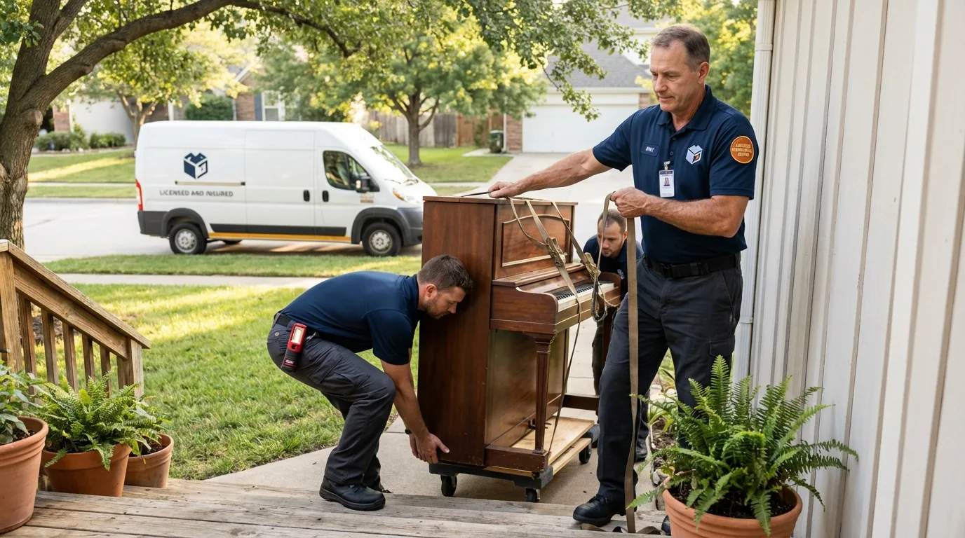 Licensed piano movers securing grand piano in North Eastham, MA