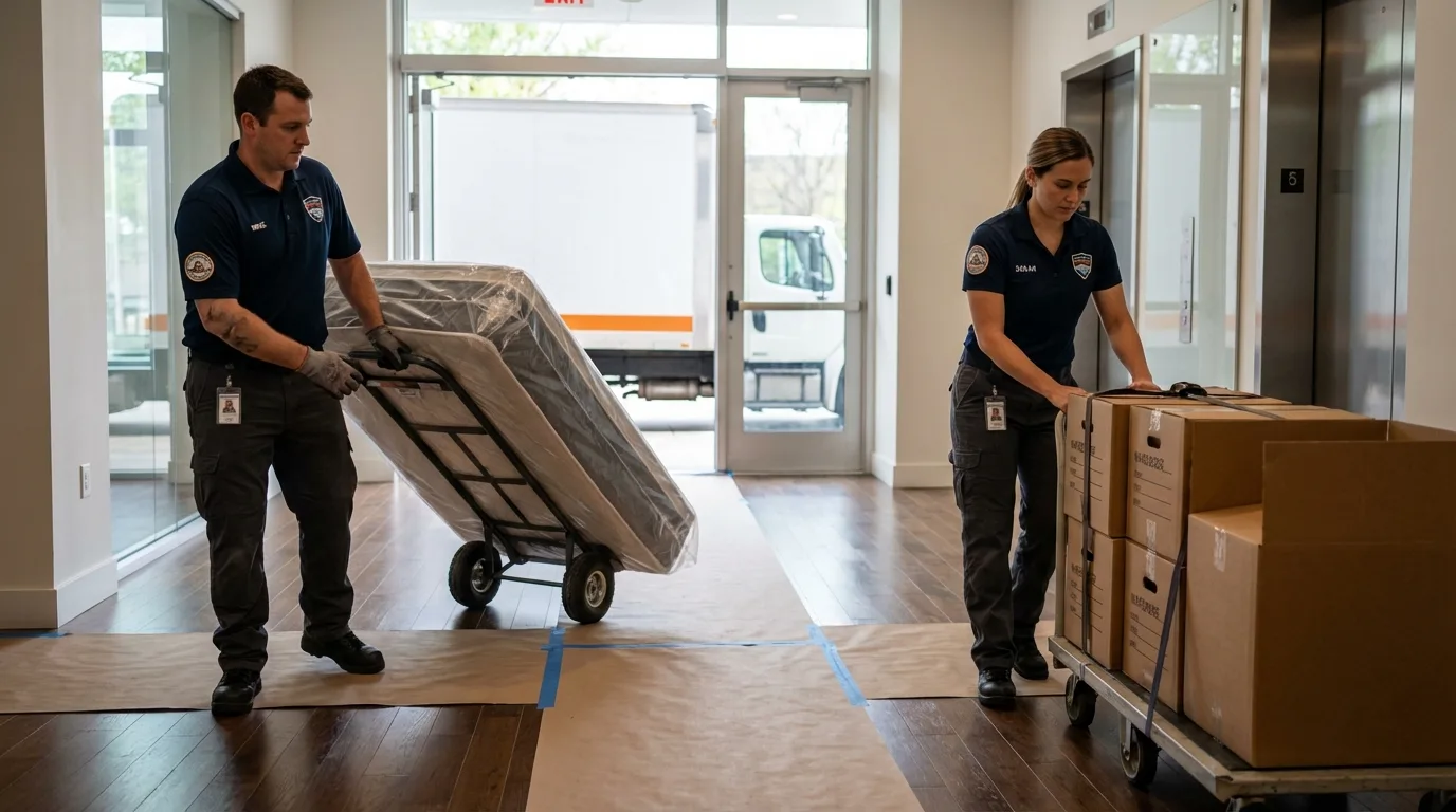 Professional apartment movers loading elevator in North Eastham, MA