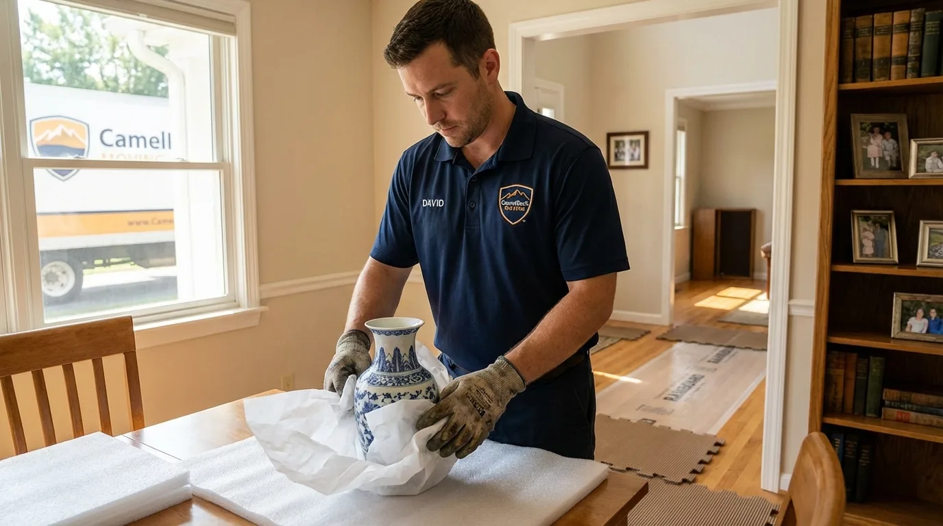 Professional crew carefully wrapping antique vase for senior downsizing move in North Eastham, MA