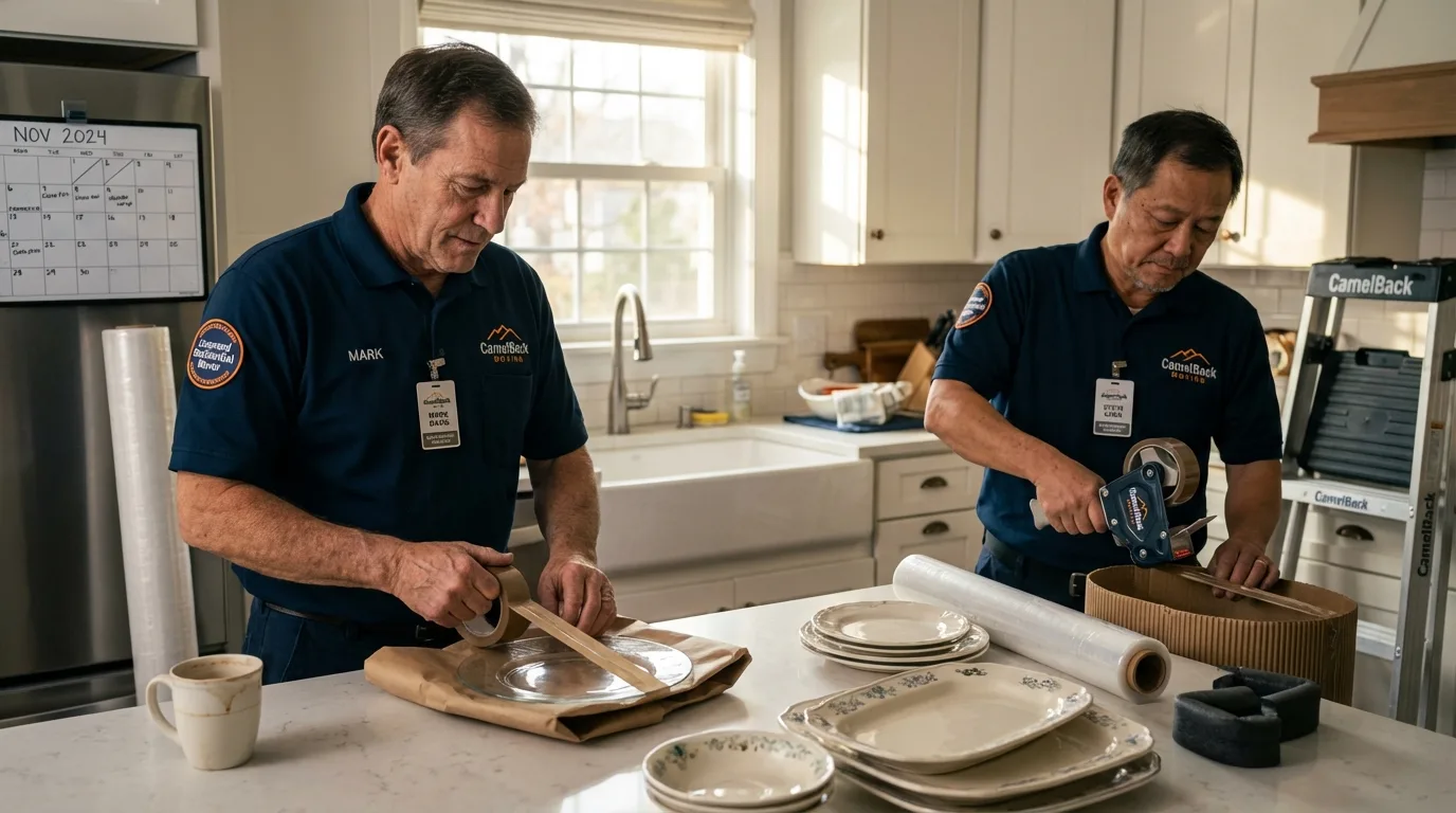 Professional crew packing kitchen dishware in North Eastham, MA